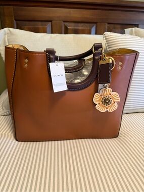 NWT COACH Brown-Tan Leather Rae Tote with Floral Charm